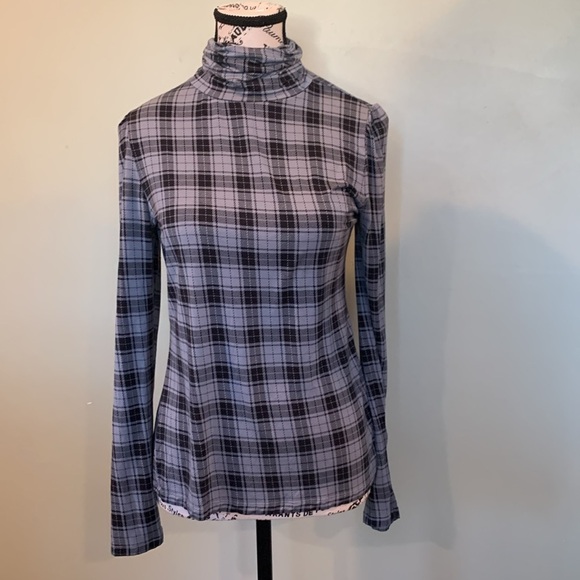Ann Taylor Modal Blue and Black Plaid Long Sleeve Turtleneck Top Women’s Medium - Picture 1 of 7